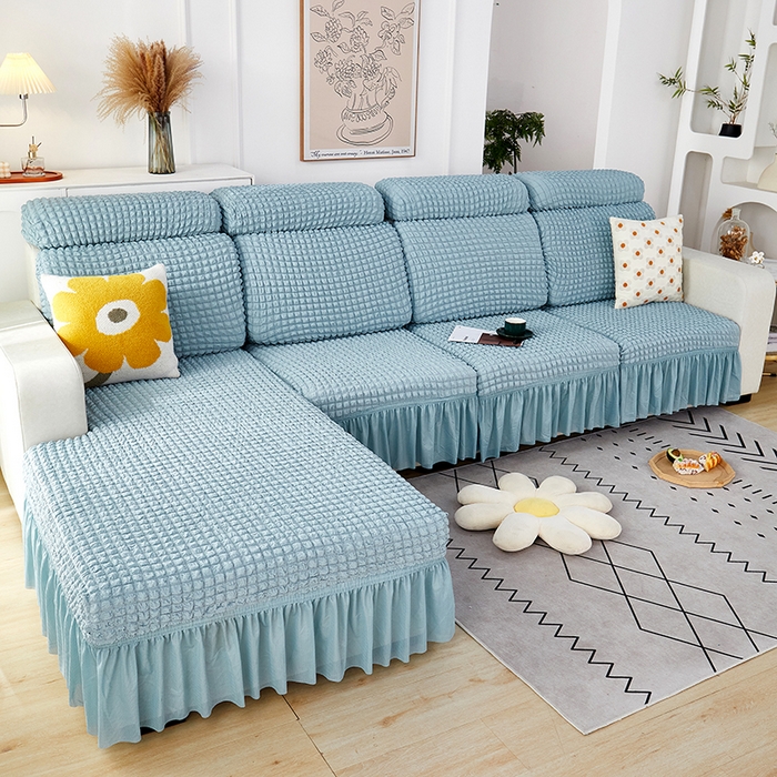 91家纺网 家纺一手货源 找家纺 丝绮鹿 2023新款爆米花坐垫套裙边款 雾霾蓝