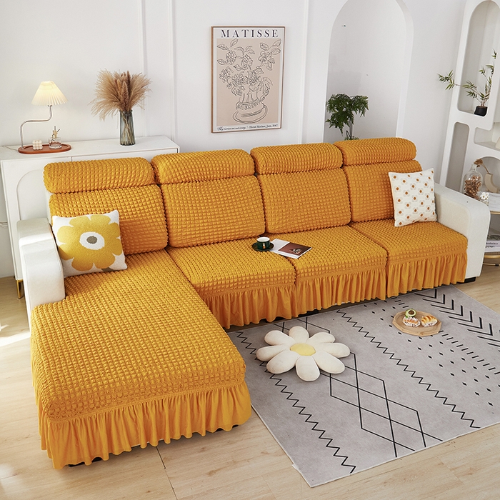 91家纺网 家纺一手货源 找家纺 丝绮鹿 2023新款爆米花坐垫套裙边款 姜黄