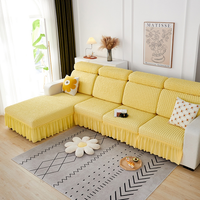 91家纺网 家纺一手货源 找家纺 丝绮鹿 2023新款爆米花坐垫套裙边款 柠檬黄