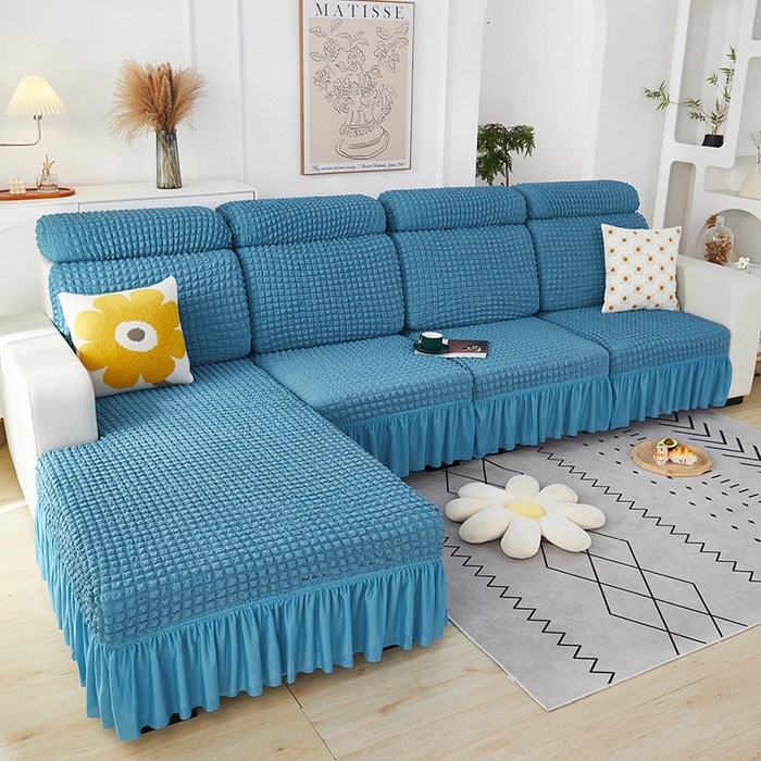 91家纺网 家纺一手货源 找家纺 丝绮鹿 2023新款爆米花坐垫套裙边款 湖蓝