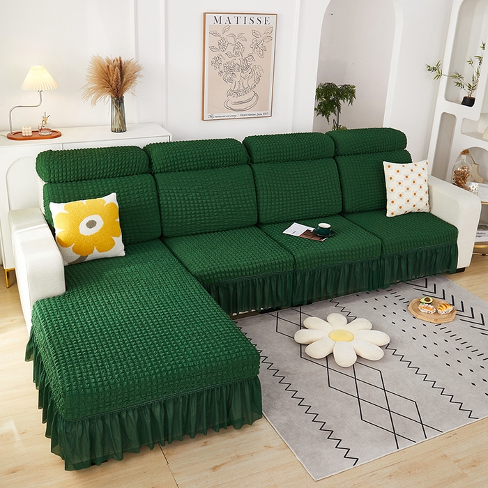 91家纺网 家纺一手货源 找家纺 丝绮鹿 2023新款爆米花坐垫套裙边款 墨绿