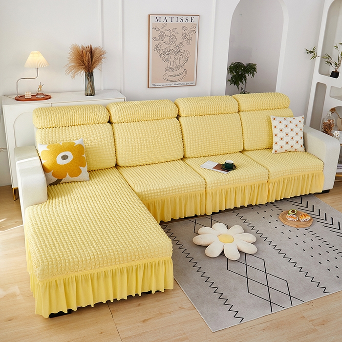 91家纺网 家纺一手货源 找家纺 丝绮鹿 2023新款爆米花坐垫套裙边款 柠檬黄