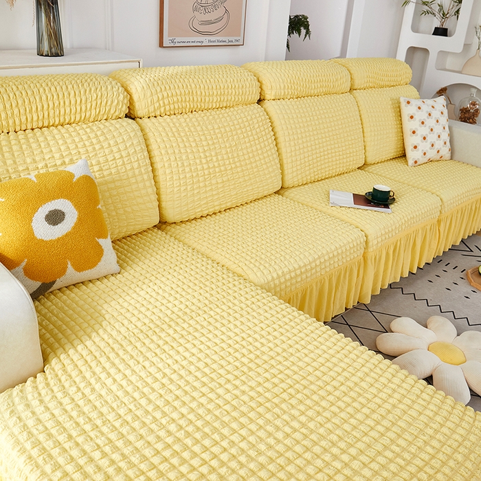 91家纺网 家纺一手货源 找家纺 丝绮鹿 2023新款爆米花坐垫套裙边款 柠檬黄