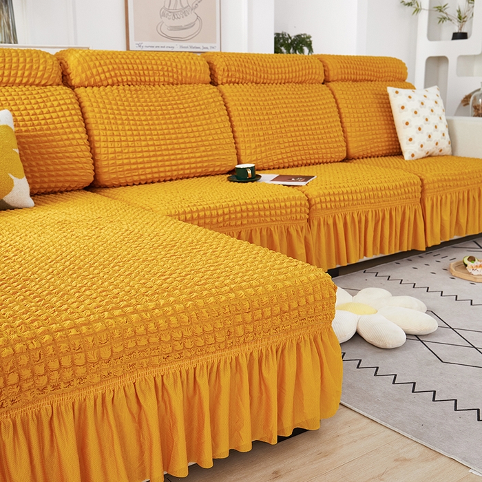 91家纺网 家纺一手货源 找家纺 丝绮鹿 2023新款爆米花坐垫套裙边款 姜黄