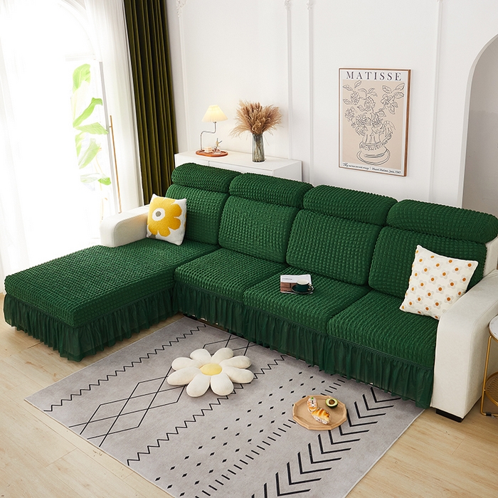 91家纺网 家纺一手货源 找家纺 丝绮鹿 2023新款爆米花坐垫套裙边款 墨绿