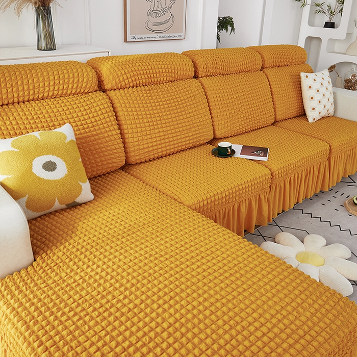 91家纺网 家纺一手货源 找家纺 丝绮鹿 2023新款爆米花坐垫套裙边款 姜黄