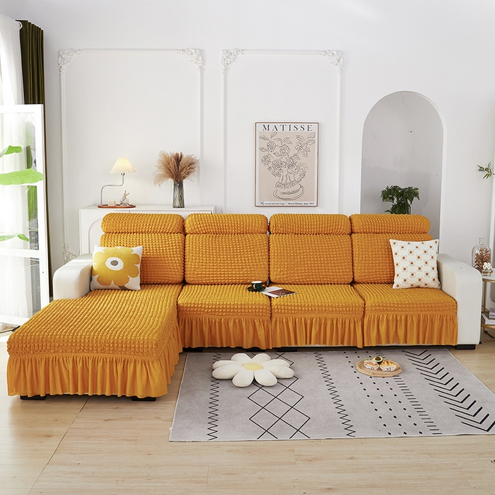 91家纺网 家纺一手货源 找家纺 丝绮鹿 2023新款爆米花坐垫套裙边款 姜黄