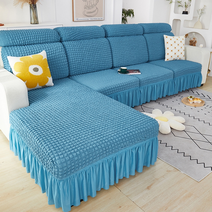 91家纺网 家纺一手货源 找家纺 丝绮鹿 2023新款爆米花坐垫套裙边款 湖蓝