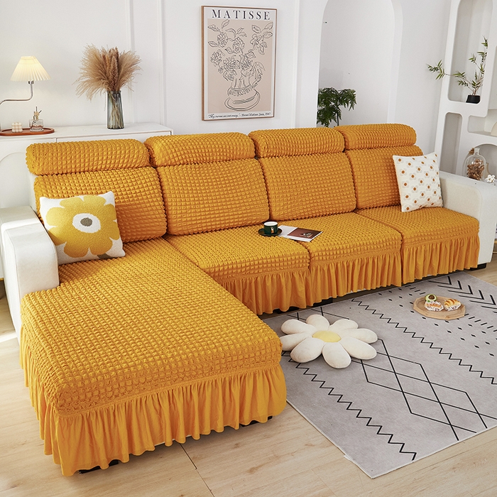 91家纺网 家纺一手货源 找家纺 丝绮鹿 2023新款爆米花坐垫套裙边款 姜黄