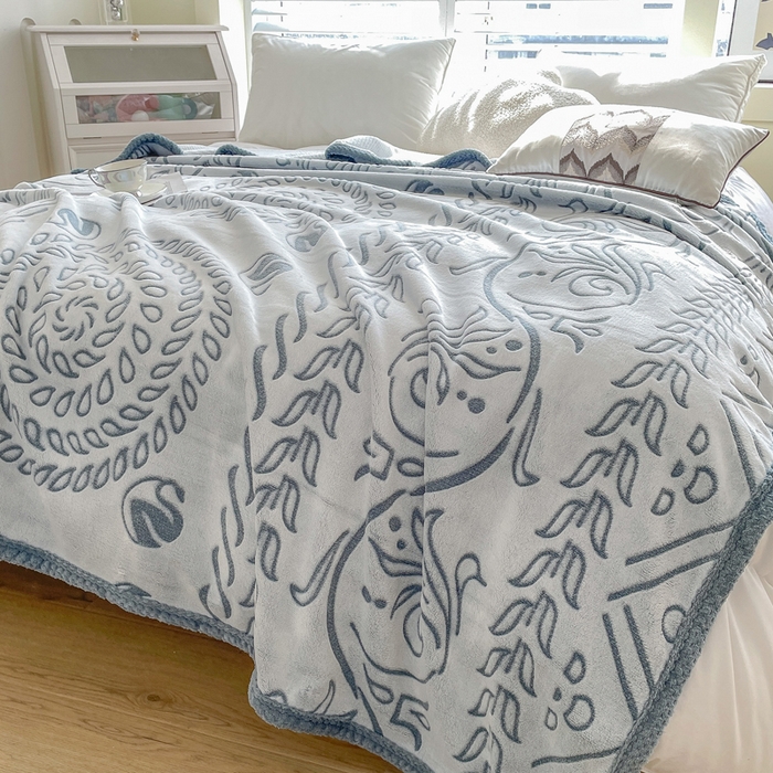 91家纺网 家纺一手货源 找家纺 来菲毛毯 2025新款阳离子剪花复合毛毯 灰蓝