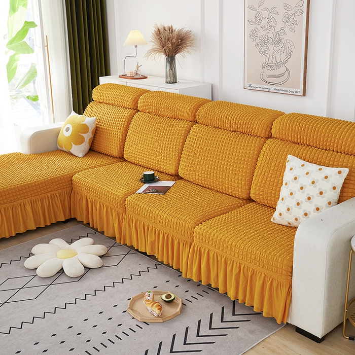 91家纺网 家纺一手货源 找家纺 丝绮鹿 2023新款爆米花坐垫套裙边款 姜黄