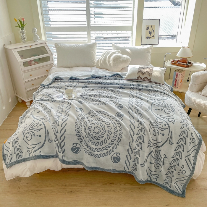 91家纺网 家纺一手货源 找家纺 来菲毛毯 2025新款阳离子剪花复合毛毯 灰蓝