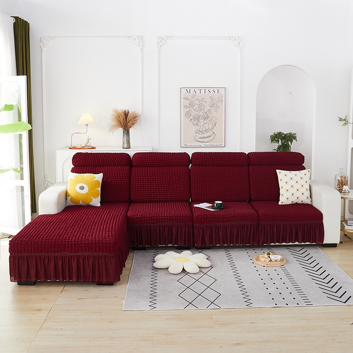 91家纺网 家纺一手货源 找家纺 丝绮鹿 2023新款爆米花坐垫套裙边款 酒红