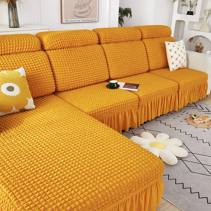 91家纺网 家纺一手货源 找家纺 丝绮鹿 2023新款爆米花坐垫套裙边款 姜黄