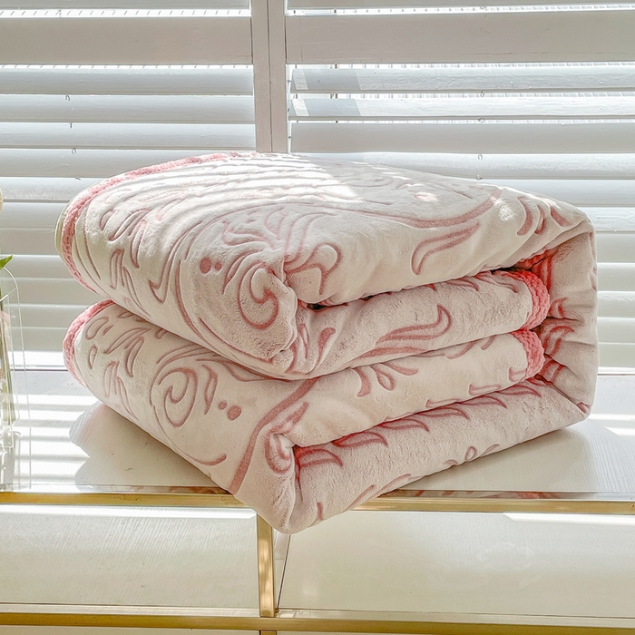 91家纺网 家纺一手货源 找家纺 来菲毛毯 2025新款阳离子剪花复合毛毯 粉色