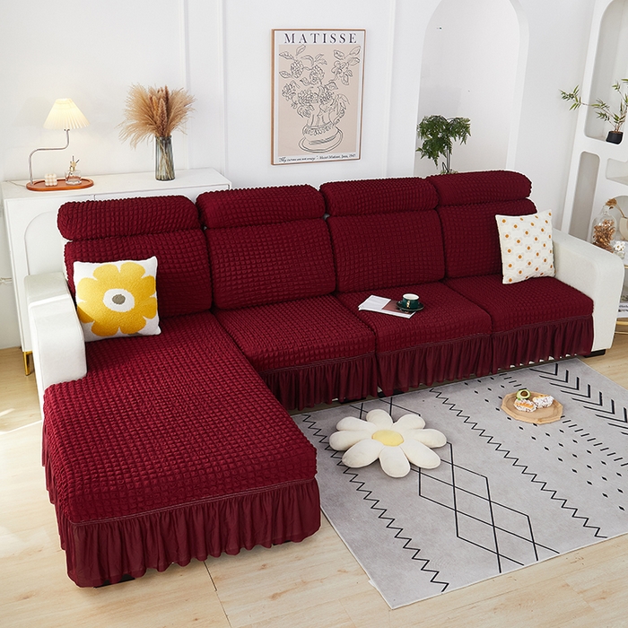 91家纺网 家纺一手货源 找家纺 丝绮鹿 2023新款爆米花坐垫套裙边款 酒红