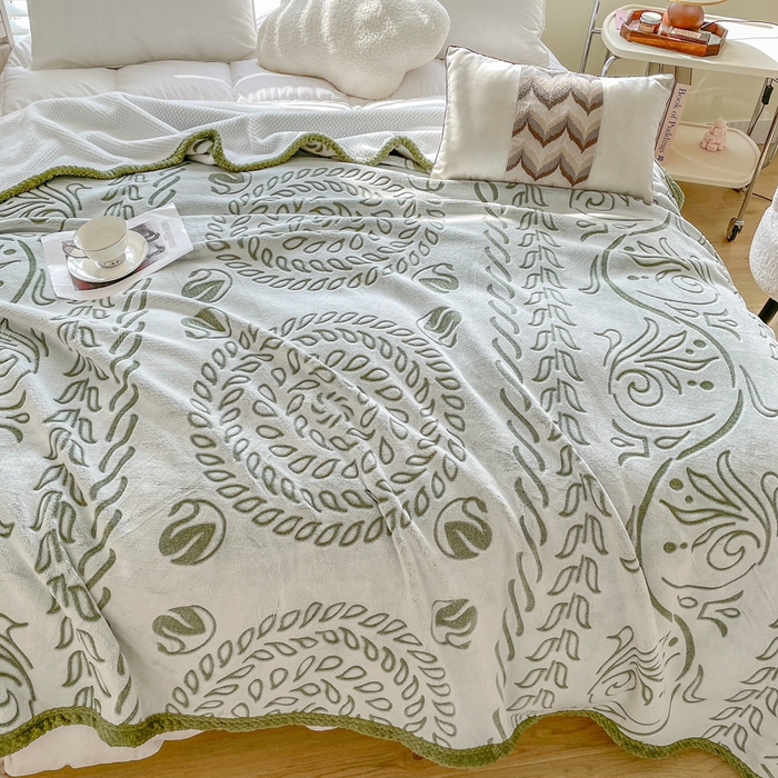 91家纺网 家纺一手货源 找家纺 来菲毛毯 2025新款阳离子剪花复合毛毯 草绿