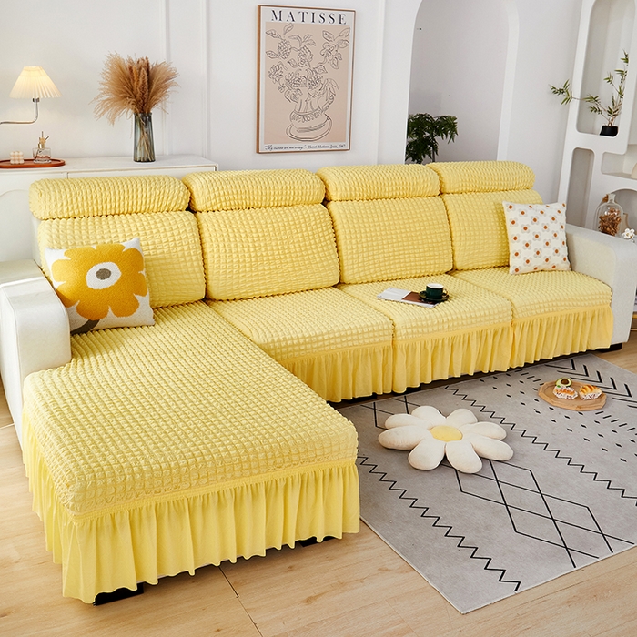 91家纺网 家纺一手货源 找家纺 丝绮鹿 2023新款爆米花坐垫套裙边款 柠檬黄