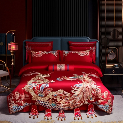 91家纺网 家纺一手货源 找家纺 美娘阁 2023秋冬新款双面长绒棉刺绣提花工艺系列款婚庆四件套多件套 龙章凤姿荷包款