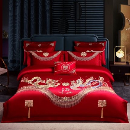 91家纺网 家纺一手货源 找家纺 美娘阁 2023秋冬新款双面长绒棉刺绣提花工艺系列款婚庆四件套多件套 金龙喜凤