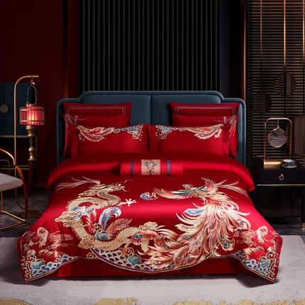 91家纺网 家纺一手货源 找家纺 美娘阁 2023秋冬新款双面长绒棉刺绣提花工艺系列款婚庆四件套多件套 龙章凤姿