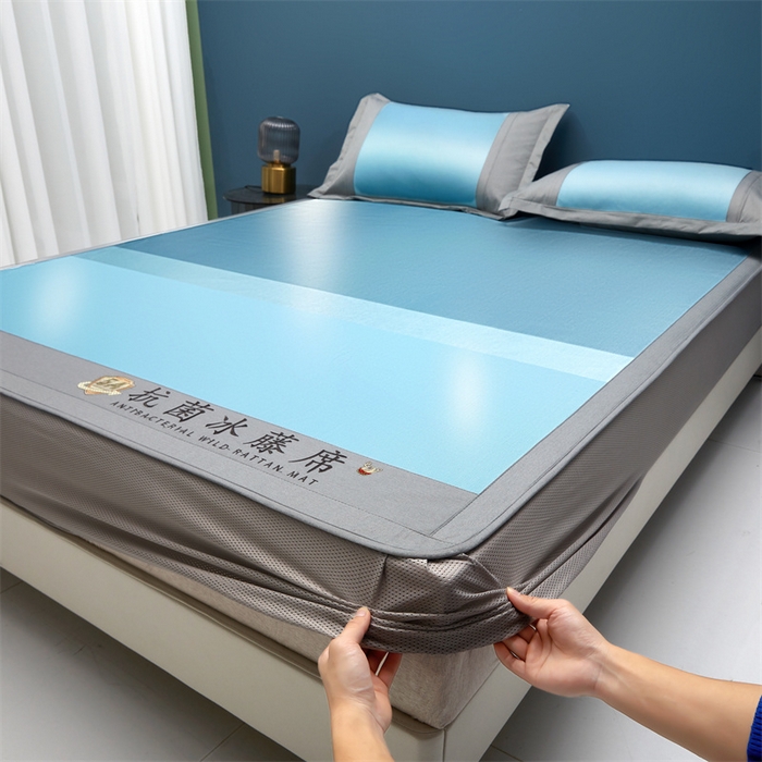 91家纺网 家纺一手货源 找家纺 鑫姿席业 2025新款5A抗菌冰藤席（渐变）床笠款系列 宝石蓝