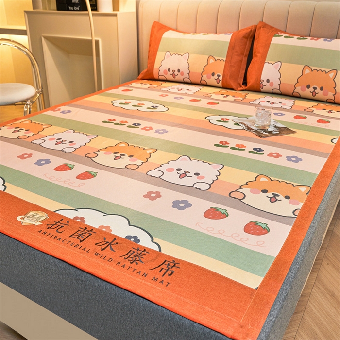 91家纺网 家纺一手货源 找家纺 鑫姿席业 2025新款A类抗菌冰藤席 柯基与花