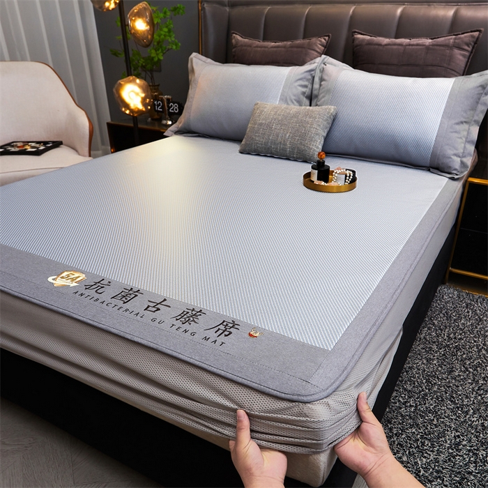 91家纺网 家纺一手货源 找家纺 鑫姿席业 2025新款抗菌古藤席床笠款系列 蓝灰(床笠款）