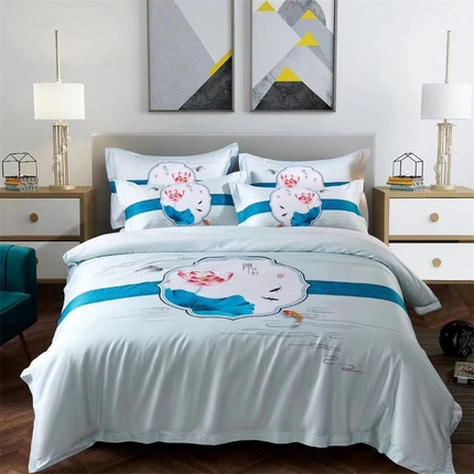 91家纺网 家纺一手货源 找家纺 安力森/诚臻酒店用品 2023新款全棉60贡缎喷气数码印花酒店宾馆民宿四件套 荷花韵