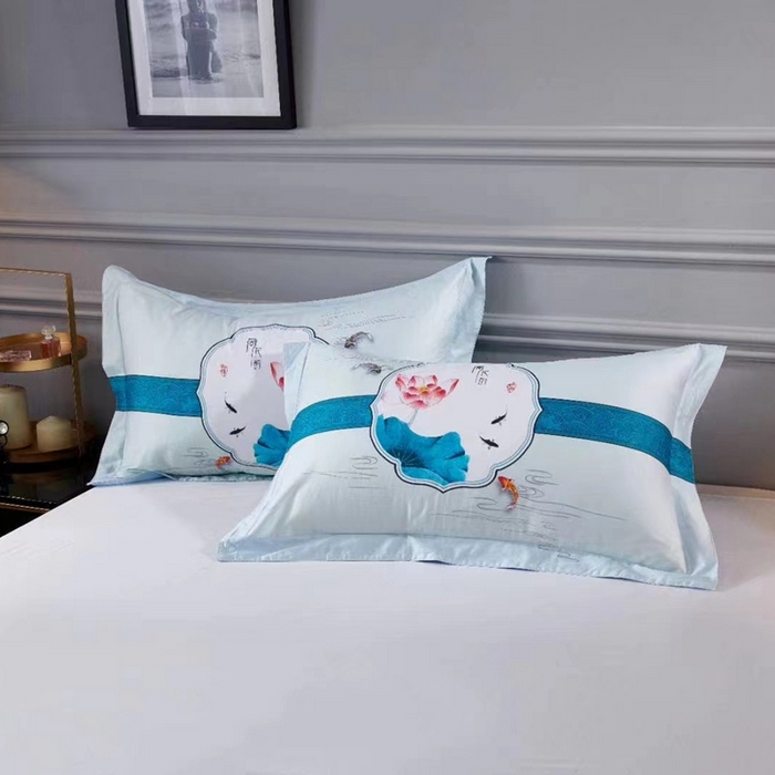 91家纺网 家纺一手货源 找家纺 安力森/诚臻酒店用品 2023新款全棉60贡缎喷气数码印花酒店宾馆民宿四件套 荷花韵