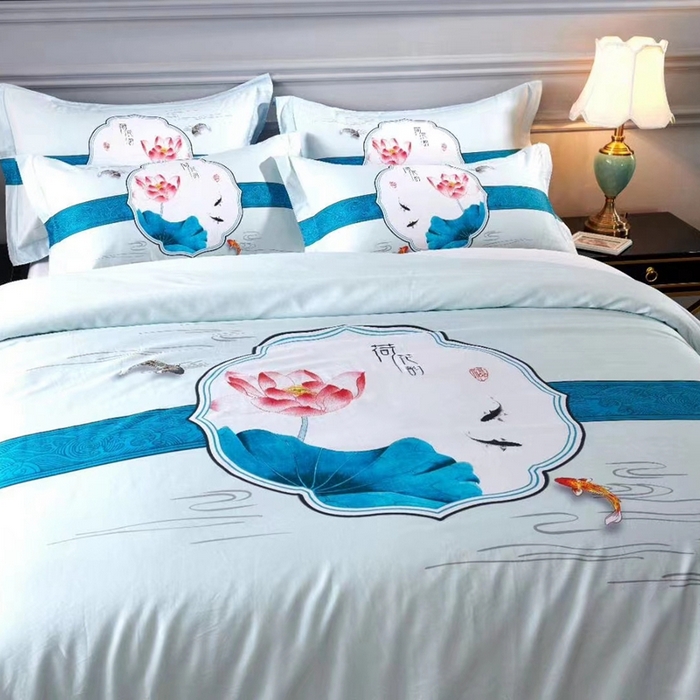 91家纺网 家纺一手货源 找家纺 安力森/诚臻酒店用品 2023新款全棉60贡缎喷气数码印花酒店宾馆民宿四件套 荷花韵