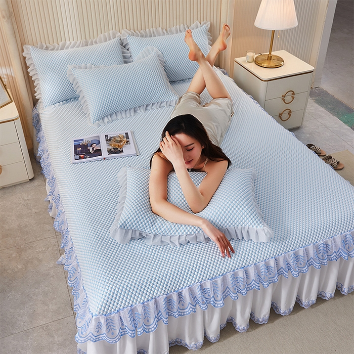 91家纺网 家纺一手货源 找家纺 鑫姿席业 2025新款抗菌3D豆豆凉感凉席蕾丝款 天蓝色