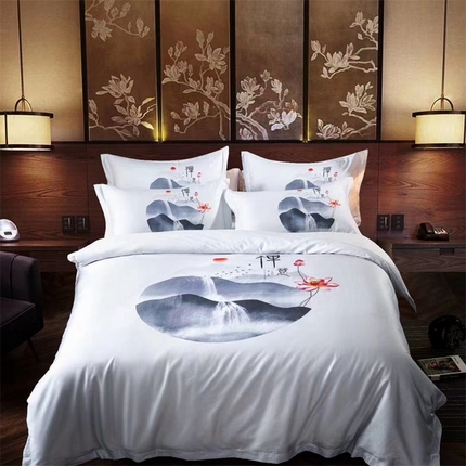 91家纺网 家纺一手货源 找家纺 安力森/诚臻酒店用品 2023新款全棉60贡缎喷气数码印花酒店宾馆民宿四件套 禅意