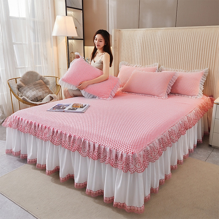 91家纺网 家纺一手货源 找家纺 鑫姿席业 2025新款抗菌3D豆豆凉感凉席蕾丝款 粉色