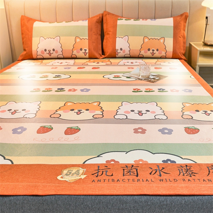 91家纺网 家纺一手货源 找家纺 鑫姿席业 2025新款A类抗菌冰藤席 柯基与花