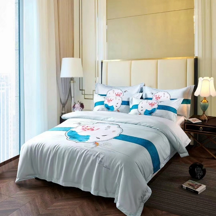 91家纺网 家纺一手货源 找家纺 安力森/诚臻酒店用品 2023新款全棉60贡缎喷气数码印花酒店宾馆民宿四件套 荷花韵