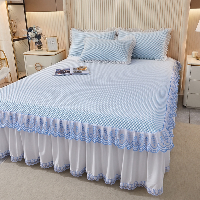 91家纺网 家纺一手货源 找家纺 鑫姿席业 2025新款抗菌3D豆豆凉感凉席蕾丝款 天蓝色