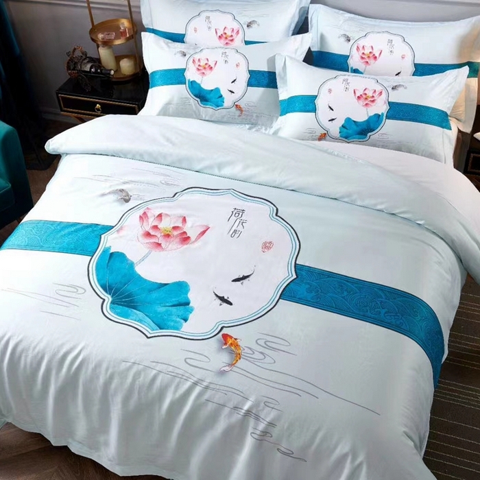 91家纺网 家纺一手货源 找家纺 安力森/诚臻酒店用品 2023新款全棉60贡缎喷气数码印花酒店宾馆民宿四件套 荷花韵
