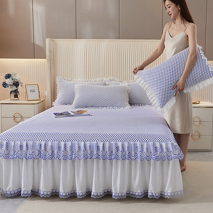 91家纺网 家纺一手货源 找家纺 鑫姿席业 2025新款抗菌3D豆豆凉感凉席蕾丝款 海蓝色