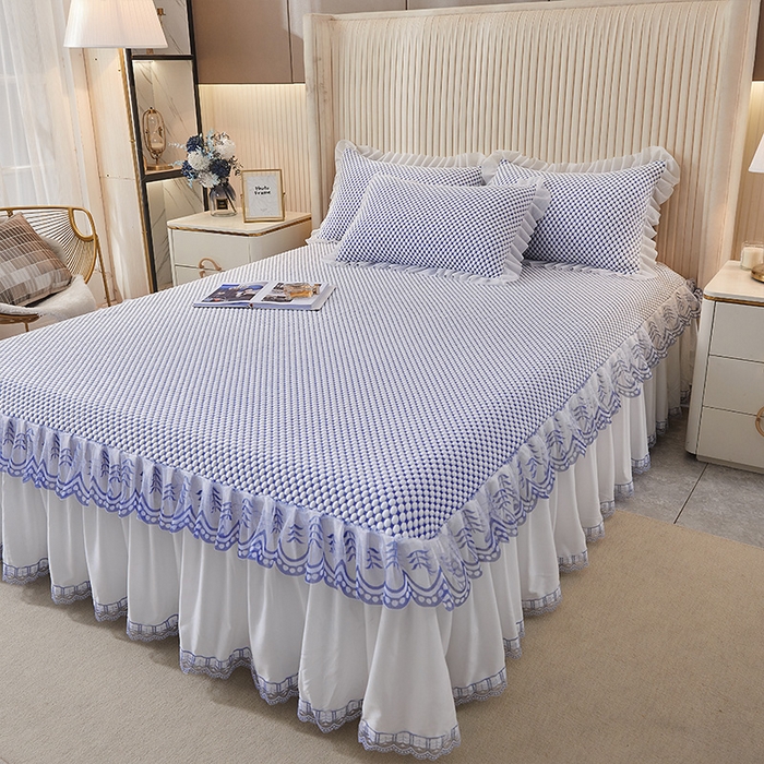 91家纺网 家纺一手货源 找家纺 鑫姿席业 2025新款抗菌3D豆豆凉感凉席蕾丝款 海蓝色