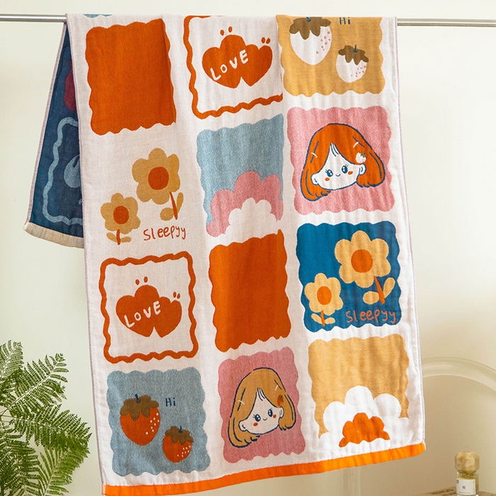 91家纺网 家纺一手货源 找家纺 雯雨家纺 2023新款全棉卡通系列纱布浴巾 草莓女孩