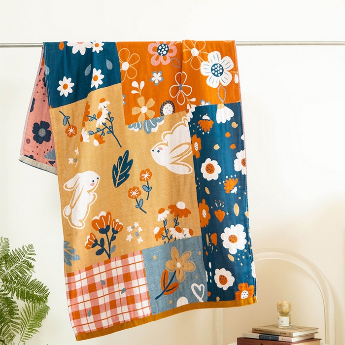 91家纺网 家纺一手货源 找家纺 雯雨家纺 2023新款全棉卡通系列纱布浴巾 田园清风