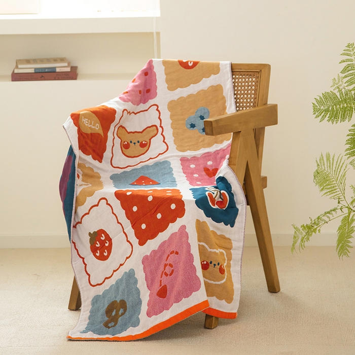 91家纺网 家纺一手货源 找家纺 雯雨家纺 2023新款全棉卡通系列纱布浴巾 饼干熊