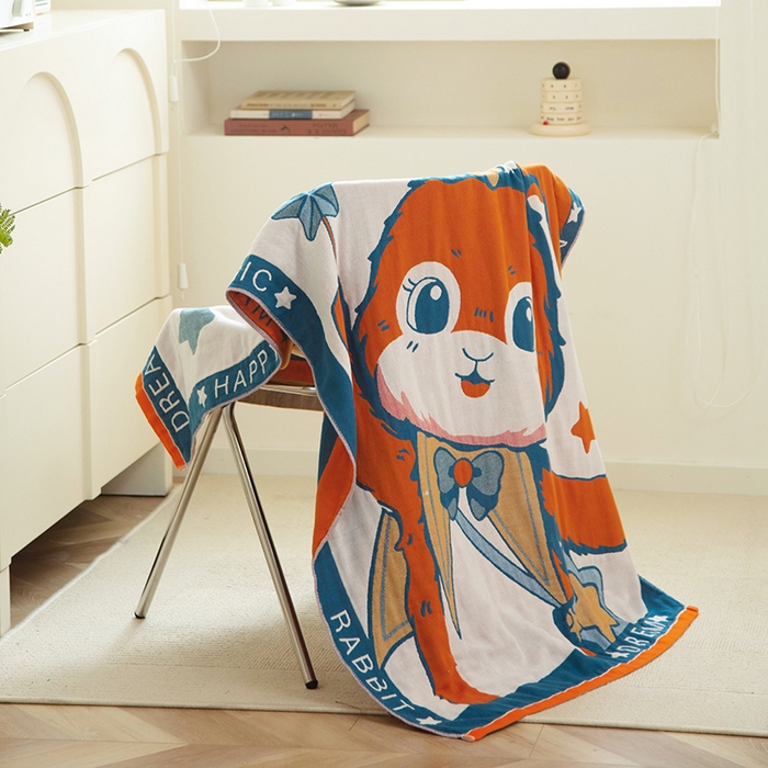 91家纺网 家纺一手货源 找家纺 雯雨家纺 2023新款全棉卡通系列纱布浴巾 星空兔-桔