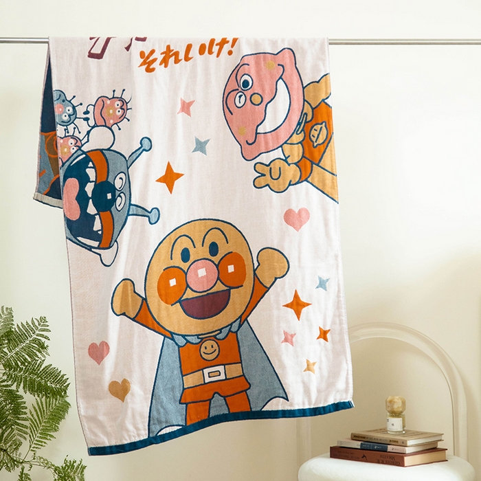 91家纺网 家纺一手货源 找家纺 雯雨家纺 2023新款全棉卡通系列纱布浴巾 面包超人-白