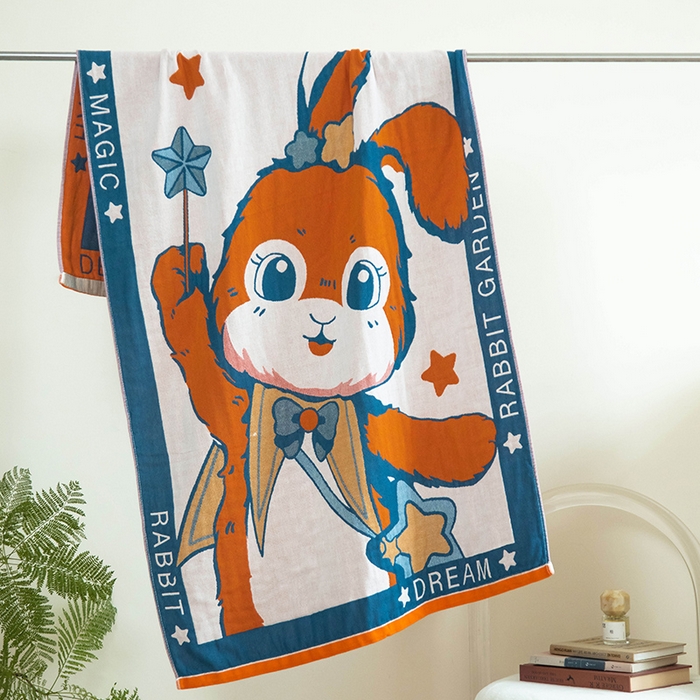 91家纺网 家纺一手货源 找家纺 雯雨家纺 2023新款全棉卡通系列纱布浴巾 星空兔-桔