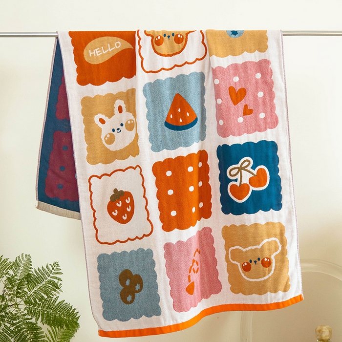 91家纺网 家纺一手货源 找家纺 雯雨家纺 2023新款全棉卡通系列纱布浴巾 饼干熊
