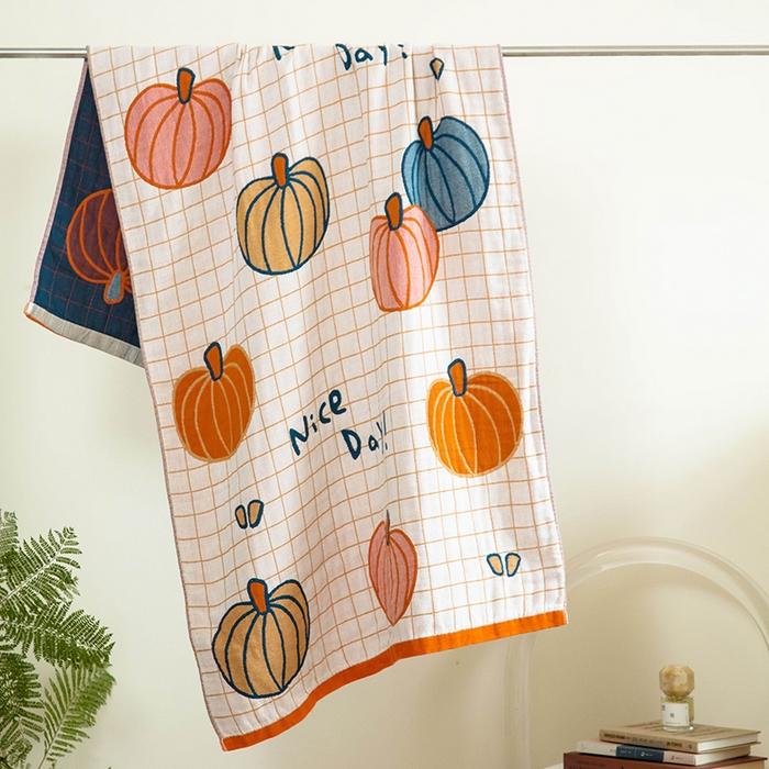 91家纺网 家纺一手货源 找家纺 雯雨家纺 2023新款全棉卡通系列纱布浴巾 南瓜乐园