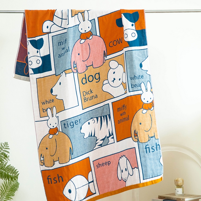 91家纺网 家纺一手货源 找家纺 雯雨家纺 2023新款全棉卡通系列纱布浴巾 动物园