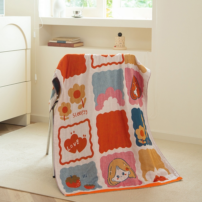 91家纺网 家纺一手货源 找家纺 雯雨家纺 2023新款全棉卡通系列纱布浴巾 草莓女孩